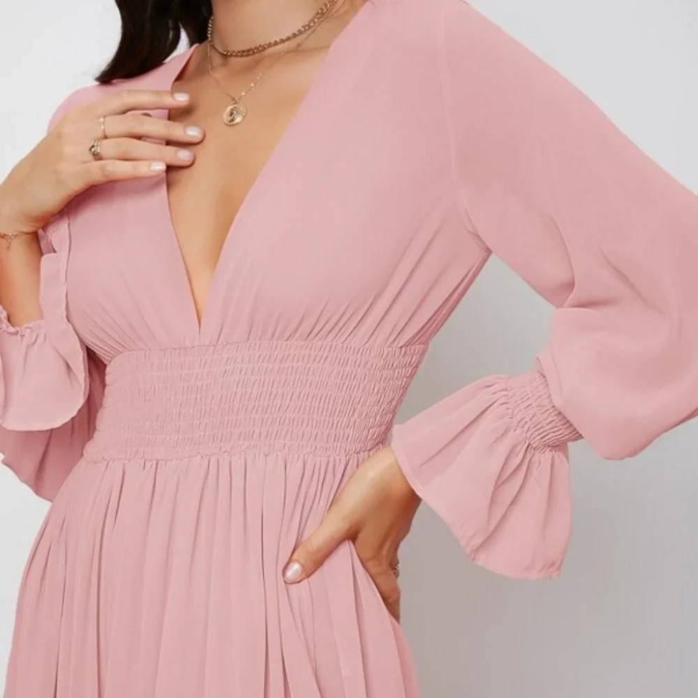 Boho pink shirred waist wrap hem maxi dress - Picture 3 of 8